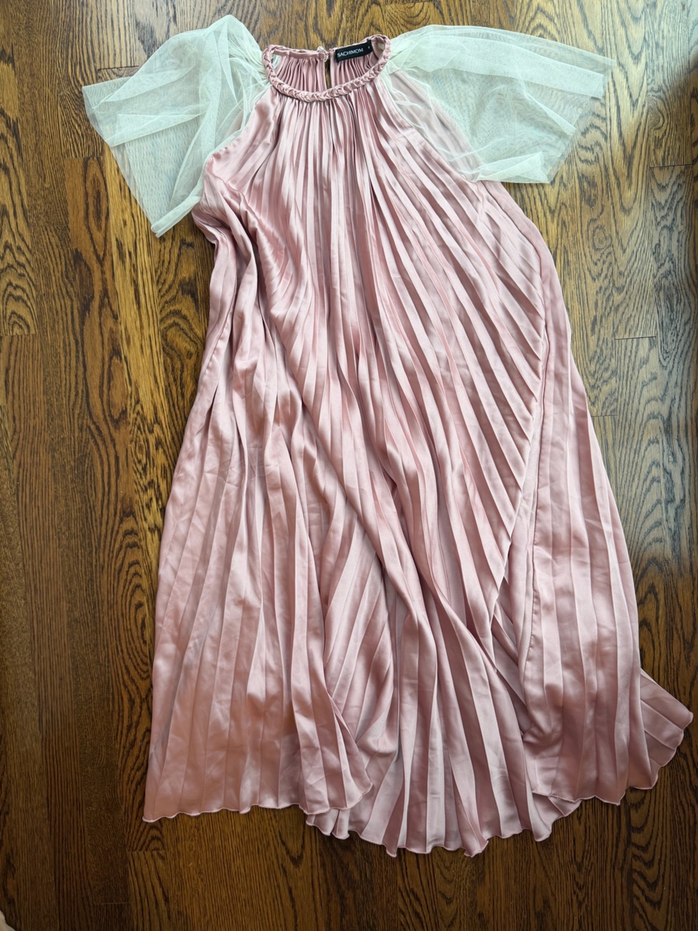Women’s Fairycore Cottagecore Coquette Mesh Sleeve Pleated Satin Flowy Dress